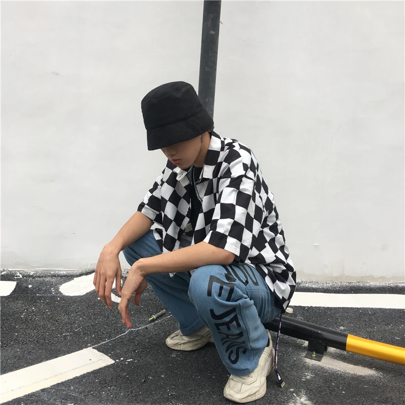 Harajuku модные черный, белый цвет плед человек Для женщин рубашки короткий рукав в розовый горошек Для женщин рубашки летние хлопковые свободные пару рубашки