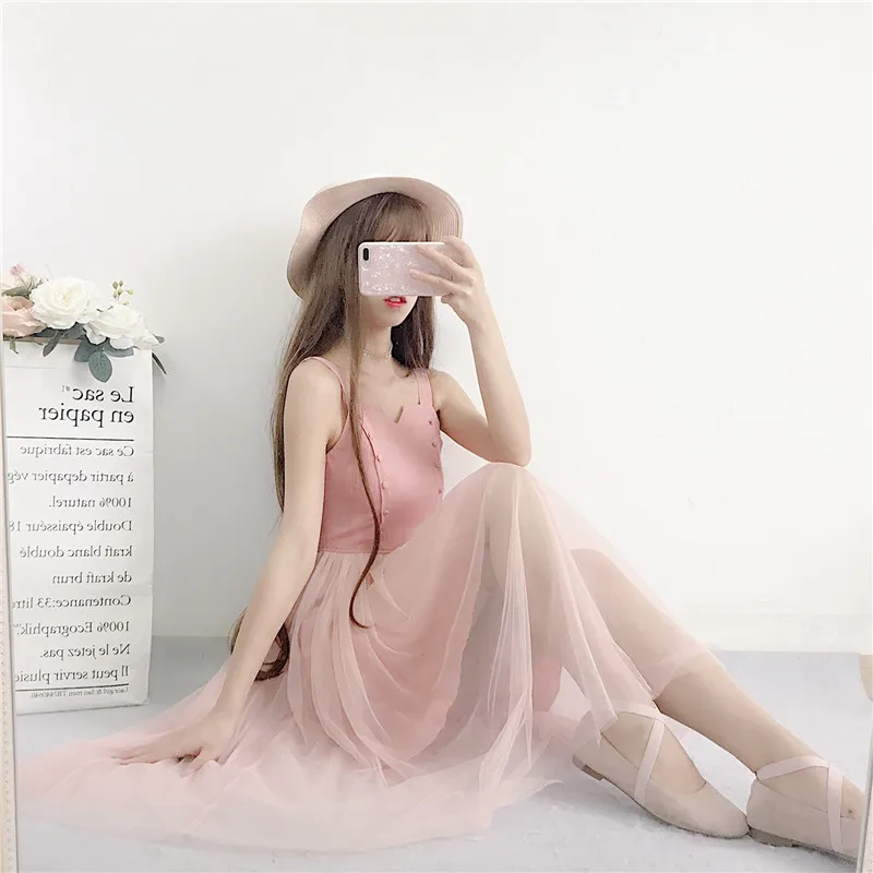 Summer new women's Korean version of the fresh sweet loose mesh stitching high waist was thin Dress | Женская одежда