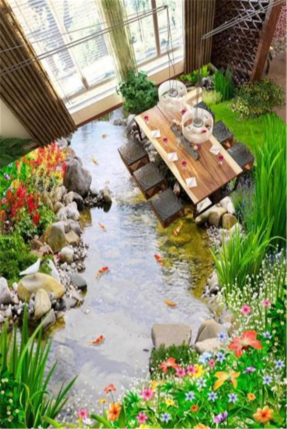 

Custom Any Size 3D Mural Wallpa Mysterious Garden, Small River, Water 3D Floor Interior Wallpaper Mural