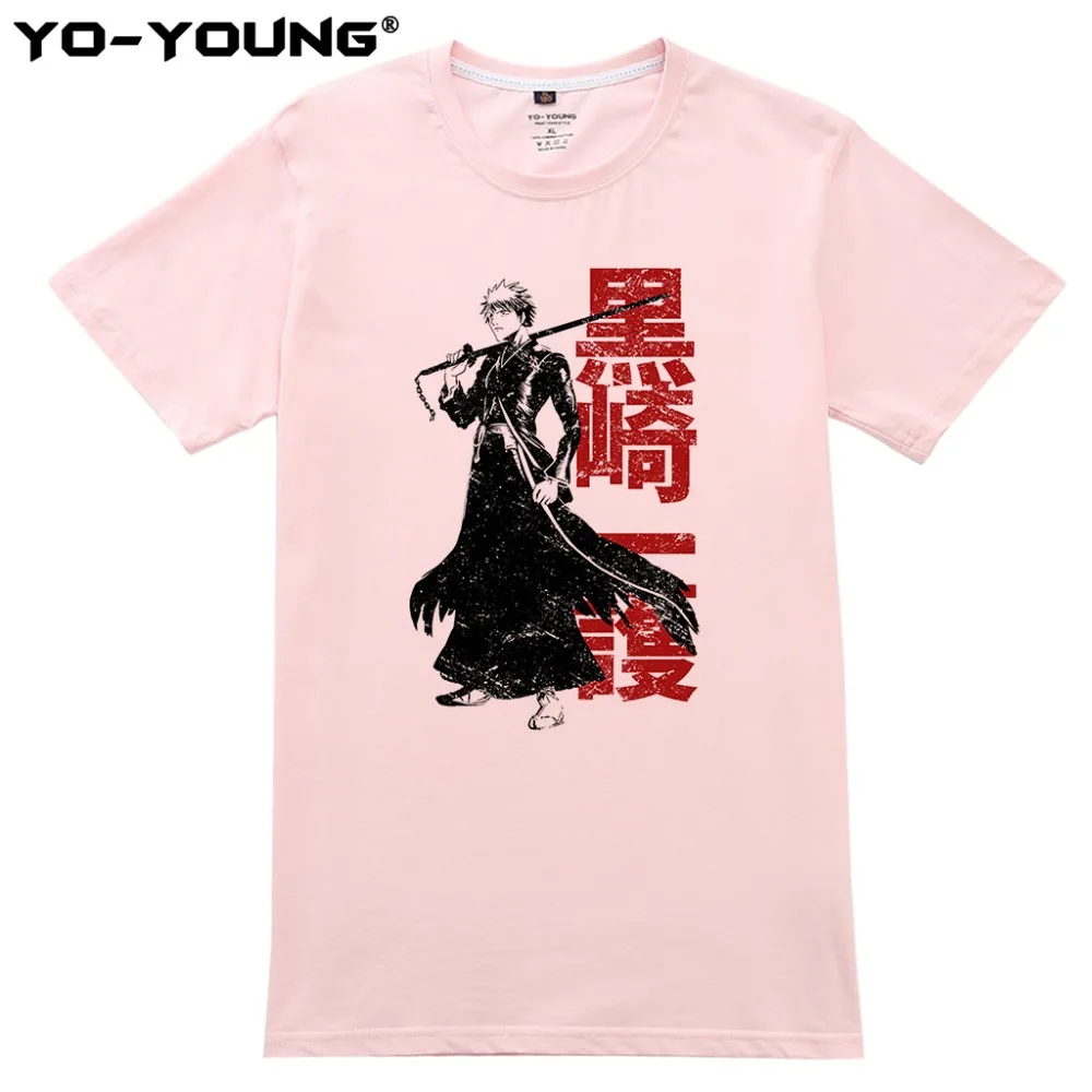 Yo-Young Men футболки Аниме BLEACH Kurosaki Ichigo принт 100% 180 gsm чесаный хлопок повседневные