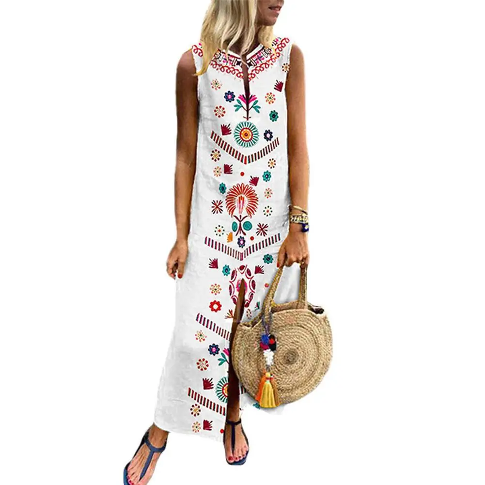 2019 Women Fashion Retro Boho Plus Size Summer Party Beach Clothing Floral Print Lady Split Sleeveless Kaftan Long Maxi Dress | Женская