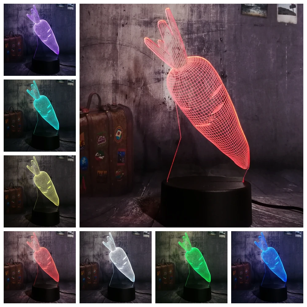 INS Hot Sale 3D Novelty Carrot LED Night Light Multicolor RGB 7 Colors Remote USB Acrylic Desk Lamp Home Decor Christmas Gift | Лампы и