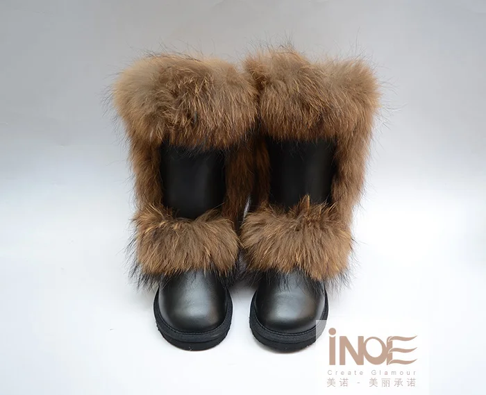 Metal Black INOE/модные зимние сапоги для женщин; зимняя обувь; высокие сапоги из яловичного спилка; ботинки из меха лисы; цвет коричневый, черный; высокое качество; водонепроницаемые - Цвет: Metal Black
