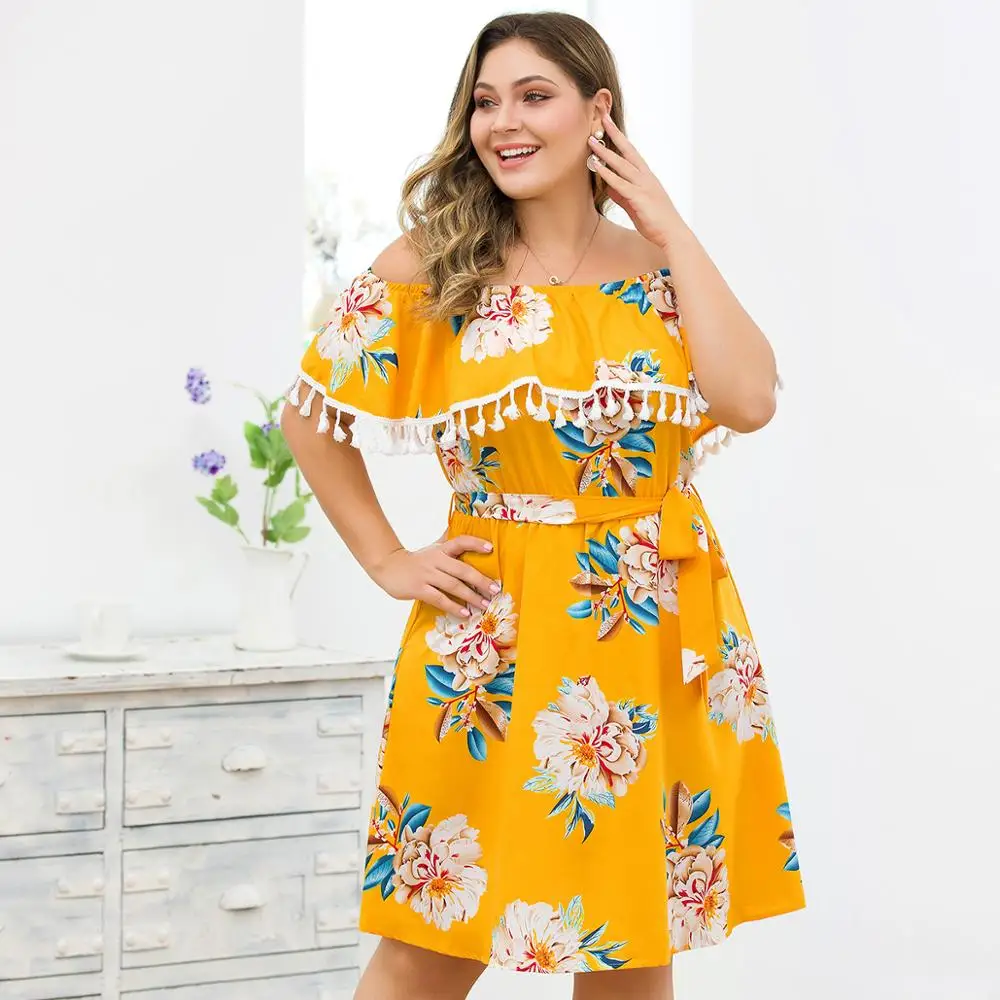 WHZHM летнее платье с кисточками и цветочным принтом женское вырезом лодочкой