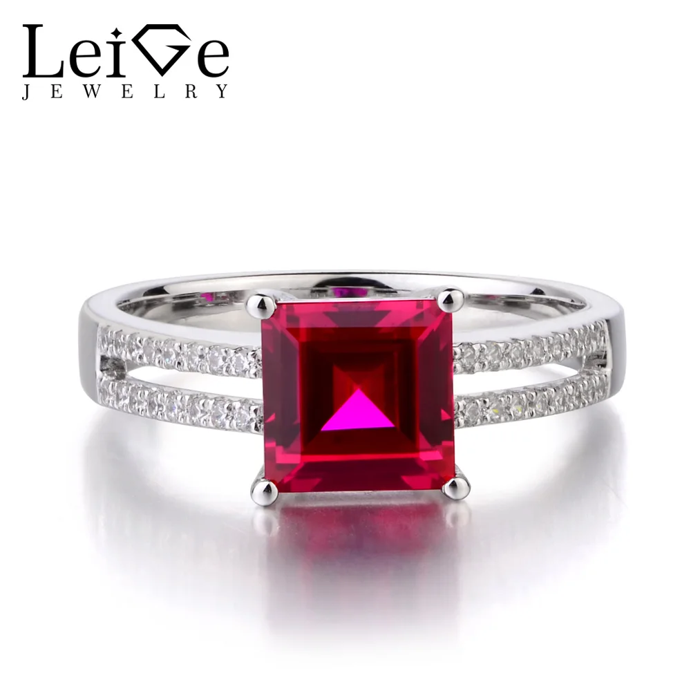 

Leige Jewelry Lab Ruby Solid 925 Sterling Silver Ring Princess Cut Red Gemstone July Birthstone Wedding Promise Rings for Women