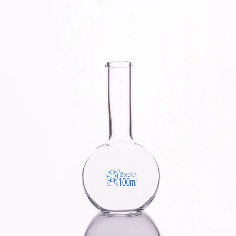 2pcs Boiling flask flat bottom long narrow neck 100ml,The O.D. of the neck is about 28mm,Long neck flask with normal mouth