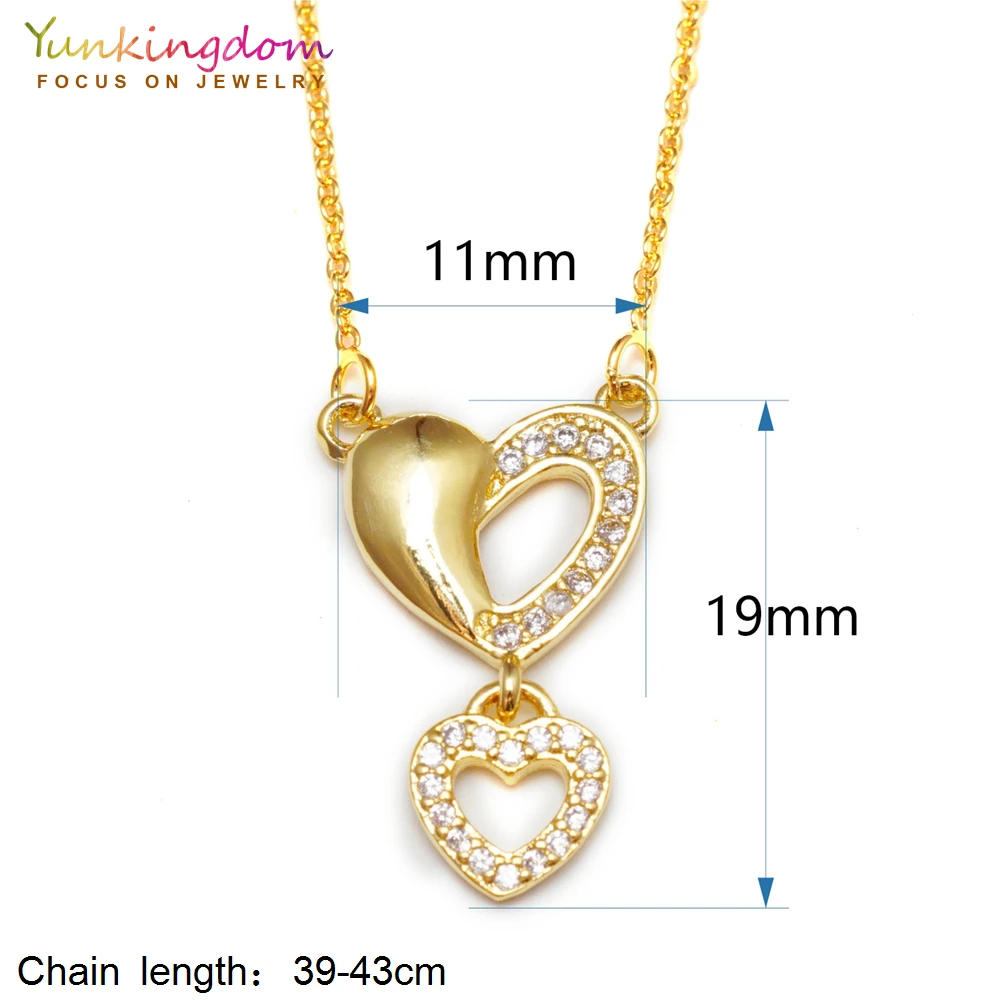 

Yunkingdom two heart design necklaces & pendants for women white crystal cubic zirconia yellow gold color chain fashion jewelry
