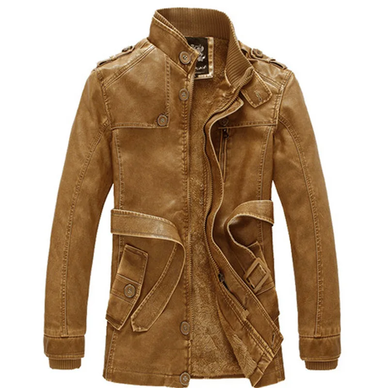 

Fashion Mens Standing Collar High Quality Long Leather Jacket Slim PU Coat Windproof Warm Male Washed Motorcycle Windbreaker 4XL
