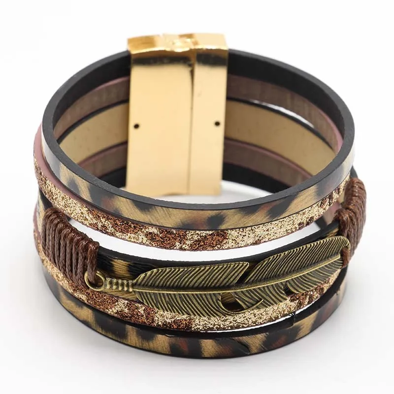 AINILIDAN Fashion Magnetic Button Leather Bracelets Handmade Braided Multilayer Wristband Bronze Feather Bracelet Bangles | Украшения и
