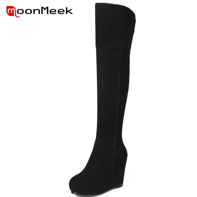 

MoonMeek hot sale 2020 elegant cow suede leather boots woman winter over the knee boots ladies popular wedges thigh high boots