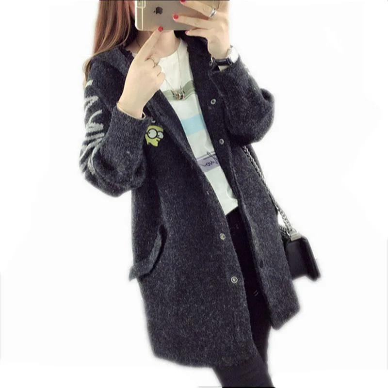 

Женский длинный кардиган с капюшоном, теплый плотный шерстяной свитер-пончо с мультяшным рисунком, Осень-зима 2018