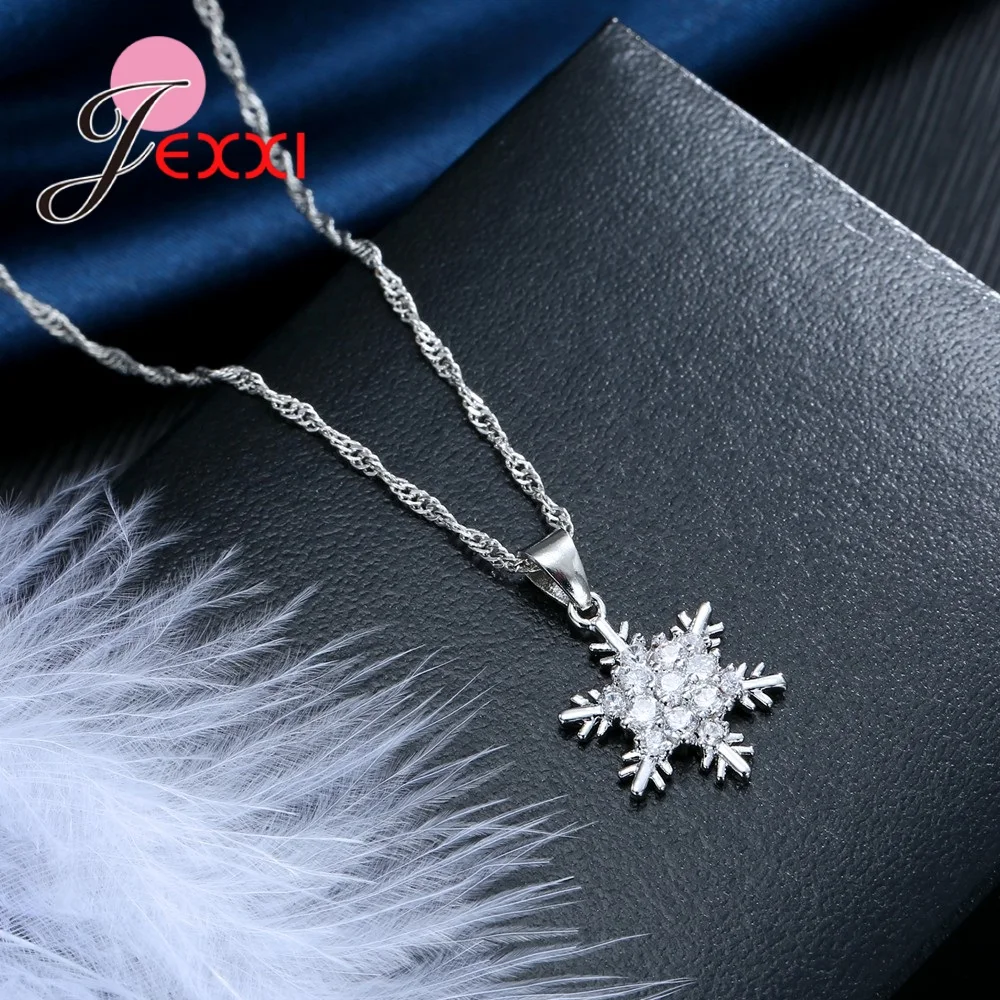 

Luxury Crystal Snowflake Earrings Necklaces Sets 925 Sterling Silver CZ Cubic Zircon Gift for Women Female Top Jewelry