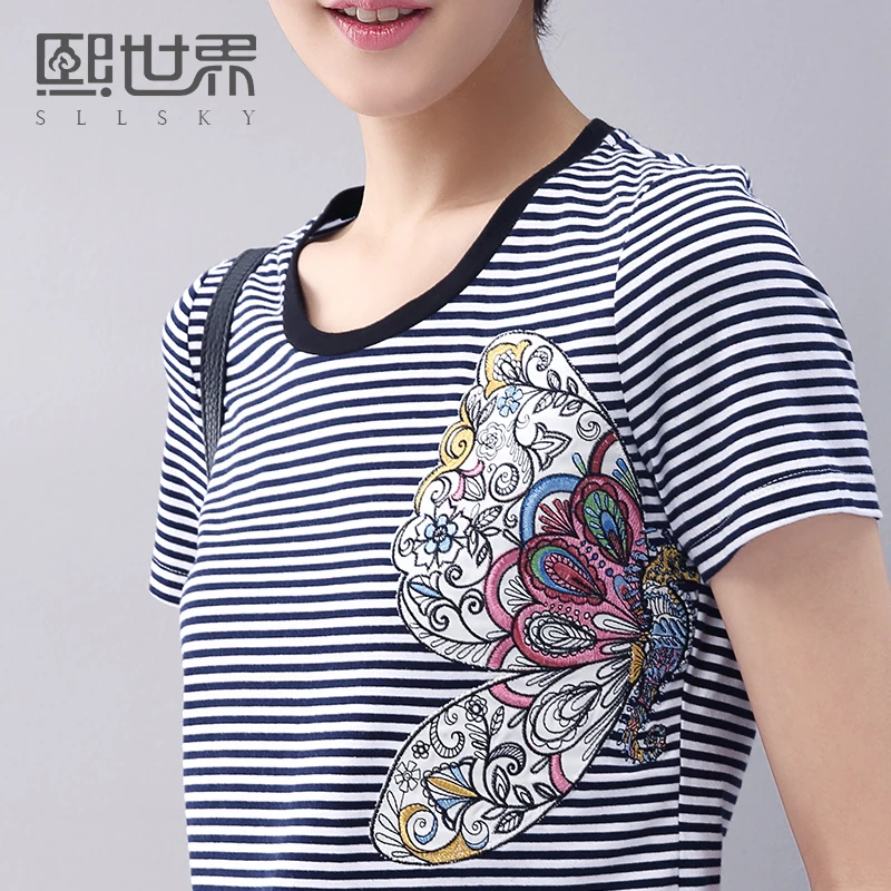 Striped T Shirt Femme Short Sleeve Tshirt Women 2017 Summer New Embroidery Casral Cotton O Neck Slim Tops 192ST154 | Женская одежда