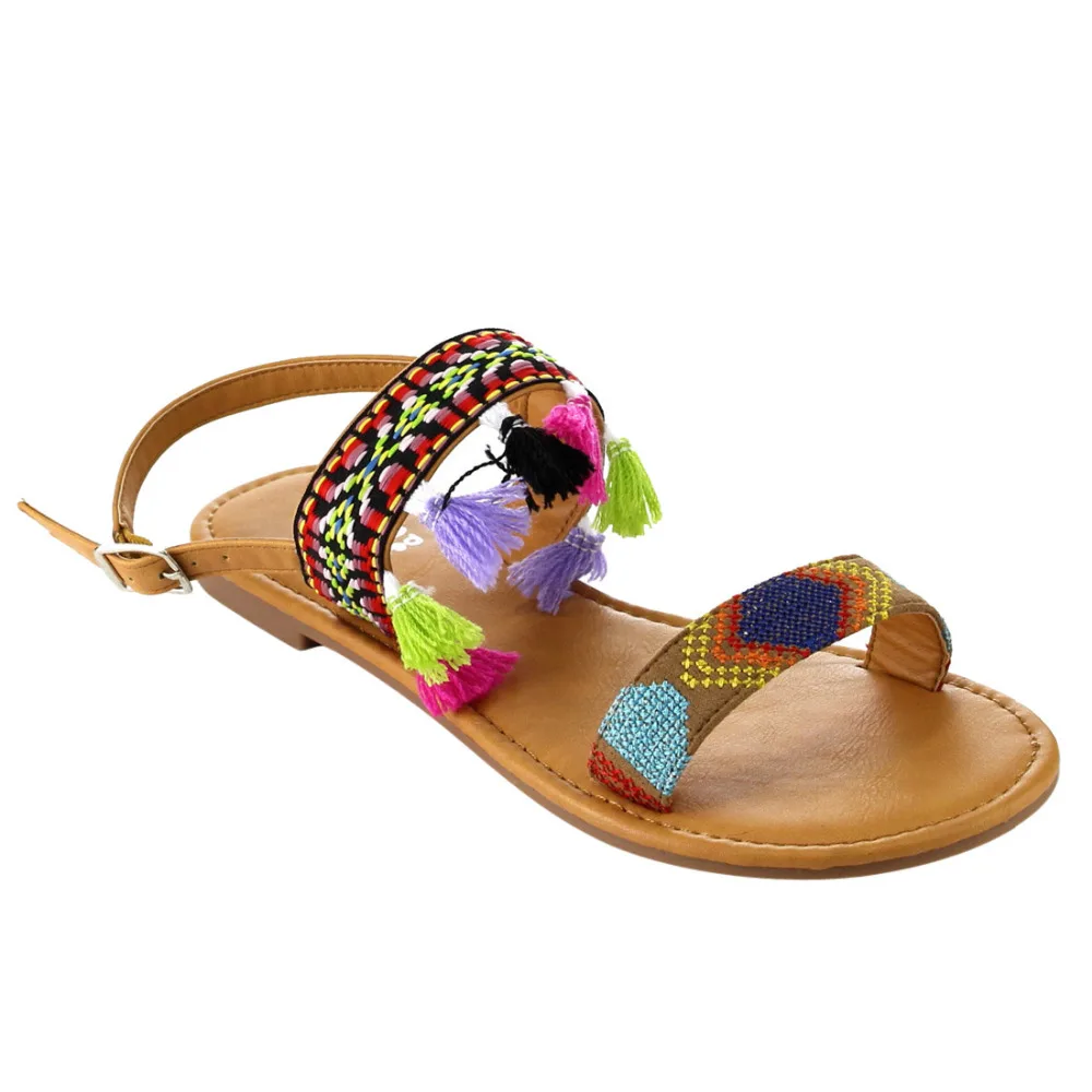 Fh97 женская обувь double вышитые полосы кисточки плоские сандалии | Обувь