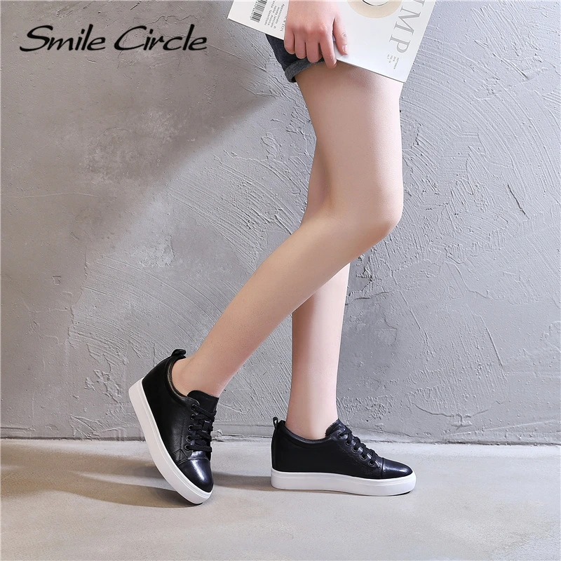 Smile Circle/обувь на танкетке Женские черные кроссовки из натуральной кожи