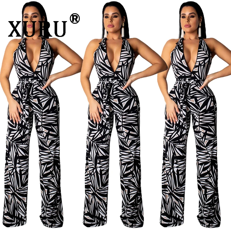 

XURU sexy new women's sexy V-neck sleeveless loose jumpsuit black painted print jumpsuit