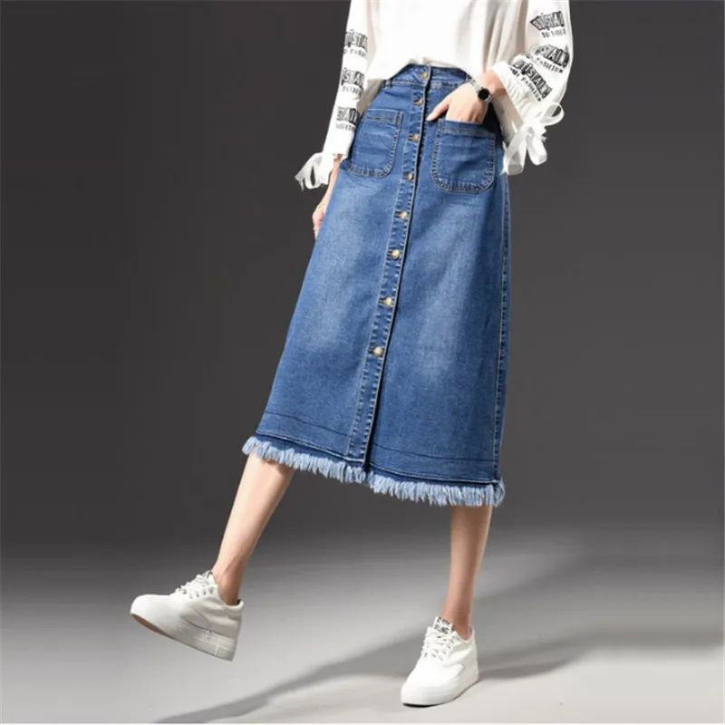 Tassel fringe buttoned denim skirt new summer female half length a word street tide people waist stretch | Женская одежда