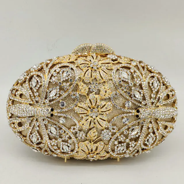 Gold Flower Crystal Бутик де фгг Стрекоза узор женские модные Кристаллы Вечерние дамские сумочки и кошельки Свадебный с кристаллами клатч кошелек для свадьбы, вечеринки - Color: Gold Flower Crystal