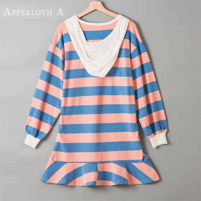 

Women Spring Korean Fashion Hooded Dress Constrast Color Striped Robe Femme Casual Oversized Ruffles Pullover Dress Vestidos