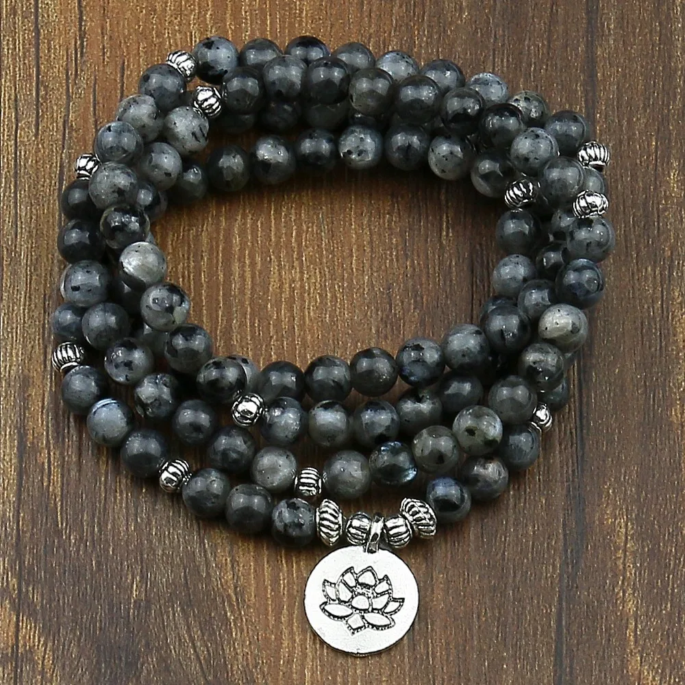 

Labradorite Flashstone Strand Bracelet Trendy Handmade Men`s 108 Mala Yoga Bracelet Lotus Buddha Bracelet Women,Birthday Gift