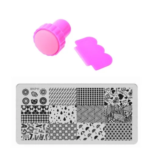 XYP11 and Stamp set Набор шаблонов для нейл-арта, тарелки для маникюра, Хэллоуина, тема из розового черепа, Нержавеющая штамповка для нейл-арта+ Сделай Сам штамп+ 1 скребок для красоты - Цвет: XYP11 and Stamp set