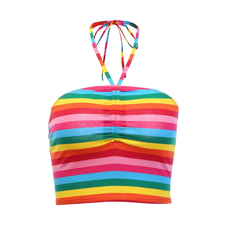 Новинка женский укороченный топ в радужную полоску на бретельках летний
