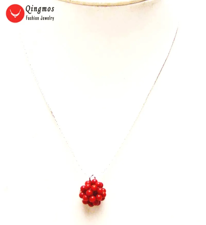 Qingmos Red Natural Coral Handwork Weaving 18-20mm Round Ball Pendant &amp Necklace for Women Silver Plated Chain Chokers 17'' |