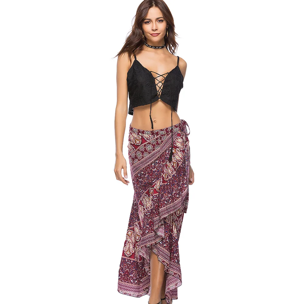 Women 2018 Summer Boho Floral Print Pleated Long Maxi Skirt Bohemian Vintage Floor Length Sexy Ruffle Beach Skirts Womens | Женская