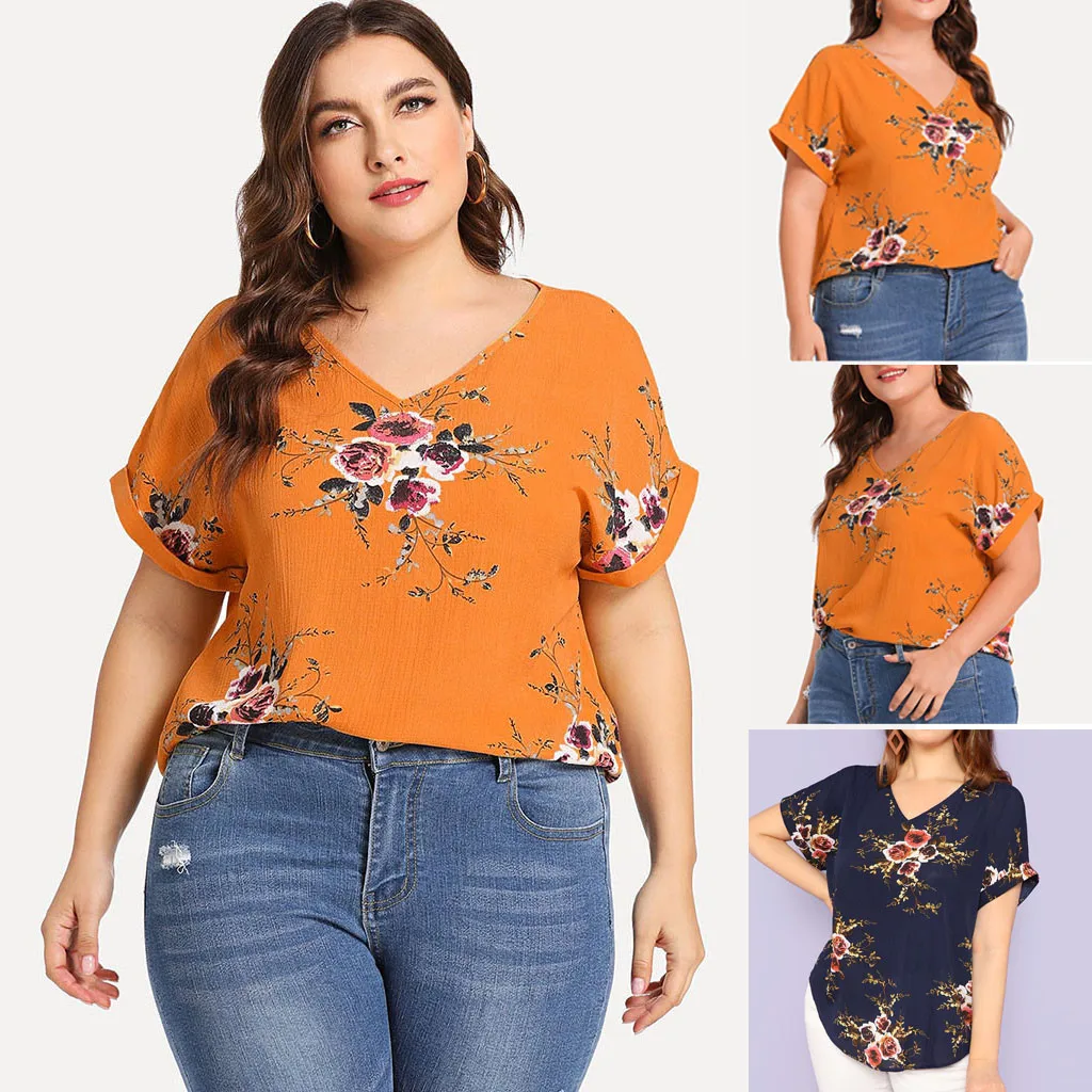 Для женщин большие размеры 5xl Повседневная футболка Цветочный принт с v-образным