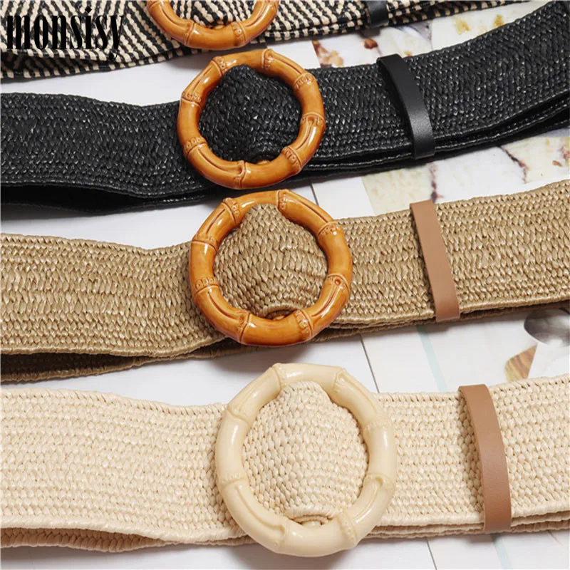 Monsisy 2019 женский плетеный ремень соломенная круглая пряжка широкие ремни для
