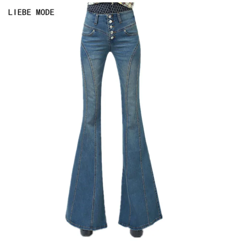 Office Ladies Button Fly Jeans Bell Bottom Woman High Waist Flared Jeans for Women Skinny Denim Big Flare Jeans Pants Womens