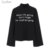 lychee harajuku spring autumn women t shirt letter print turtleneck flare sleeve casual loose t shirt tee top