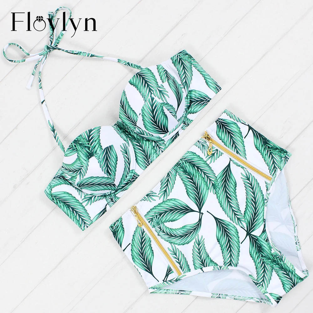 Купальник Floylyn с высокой талией зелеными листвами и принтом подкладкой пуш-ап