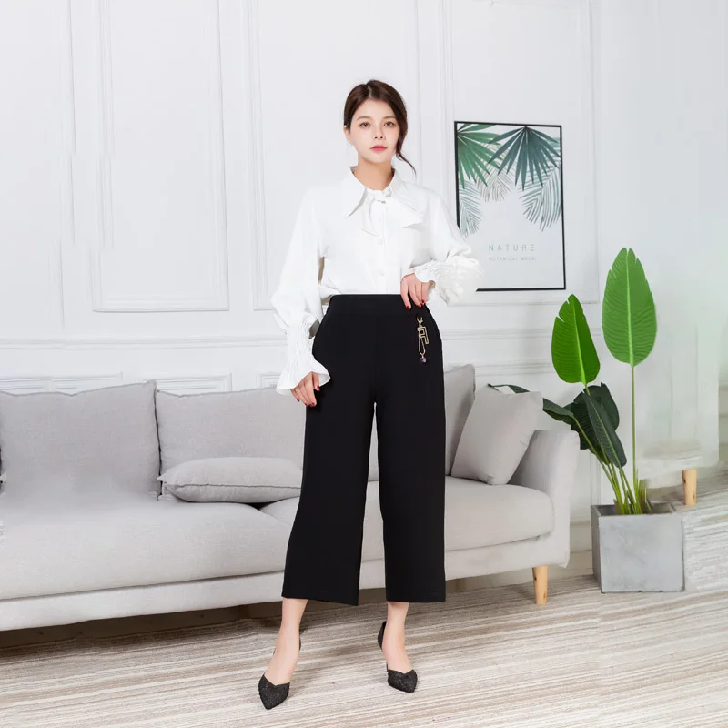 Женские новые летние широкие брюки повседневные свободные с высокой эластичной