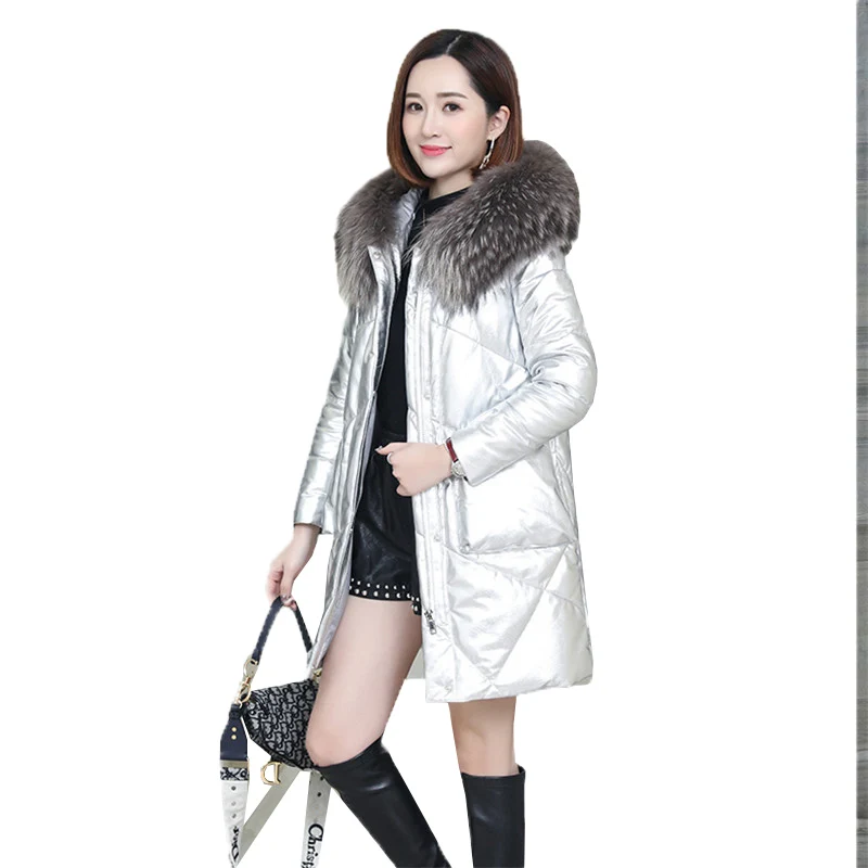 Пуховик женский из натуральной кожи средней длины FC21 | Женская одежда