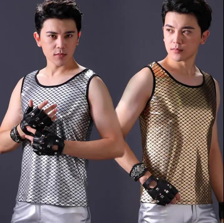 men vest gold silver clothing personality slim male sleeveless vests punk rock costumes hombre singer dance stage fashion | Мужская