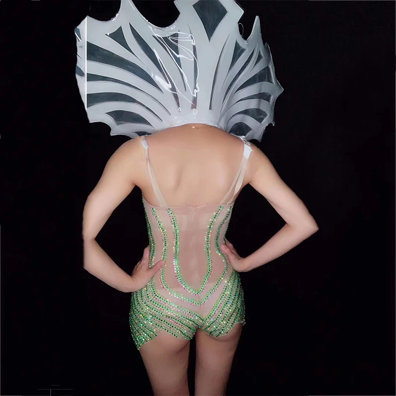 

Jazz Costume Sexy Outfits For Woman Green Rhinestones Sleeveless Bodysuit Stage Show Wear Singer Gogo Jumpsuit Clothing DT524