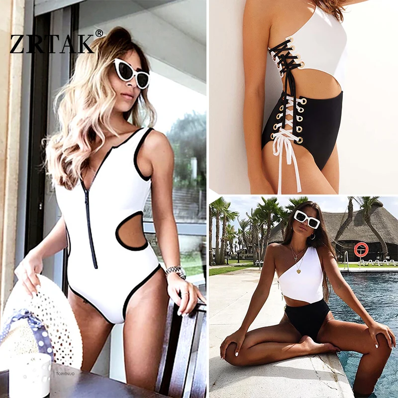 Zrtak Sexy One Piece Swimsuit Female Patchwork High Waist Swimwear Women Bathing Suit 2018 String Bikini Beach Wear Swim L | Спорт и