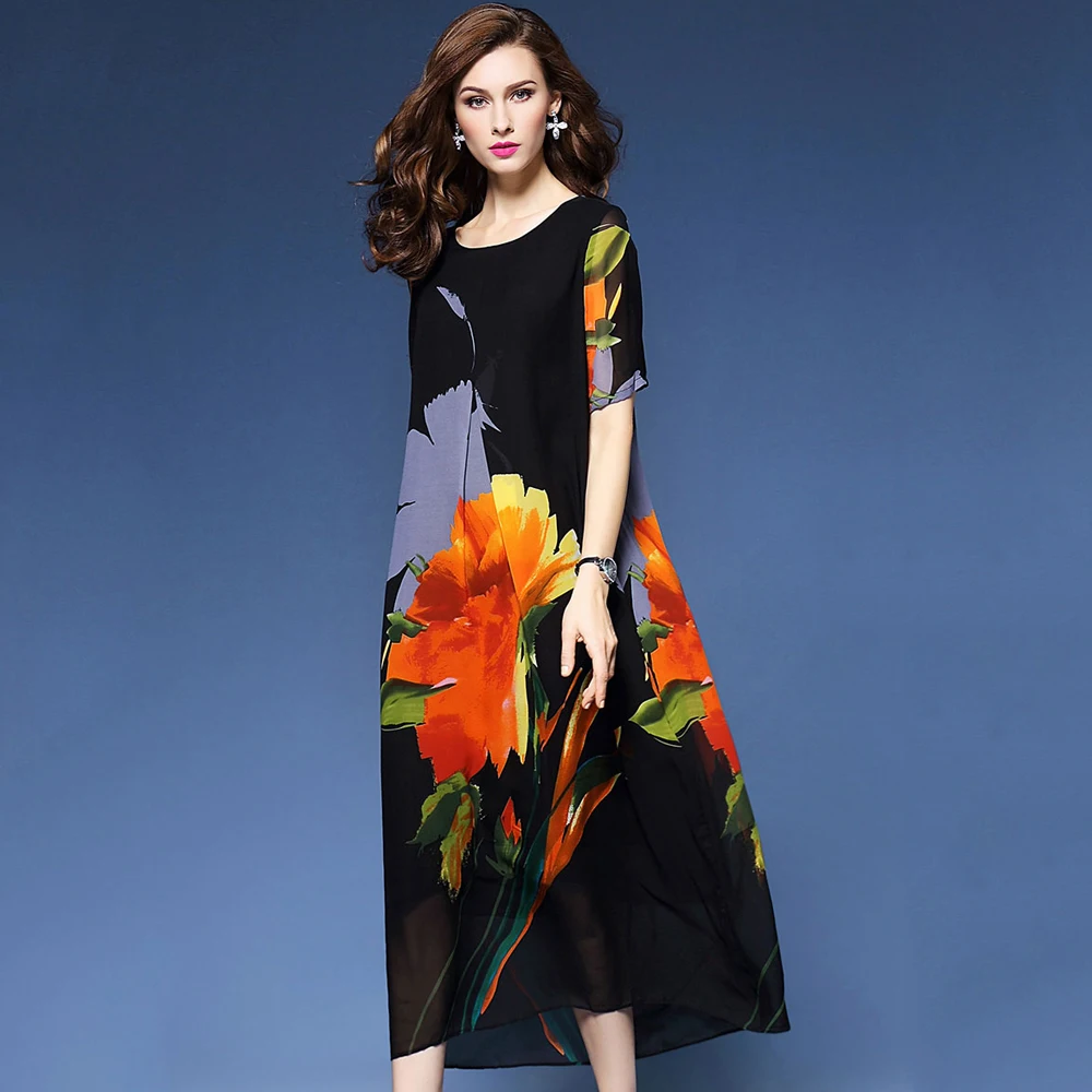 

Spring and summer new style Large size M-4XL Loose mid-length dress Round neck printed chiffon dress