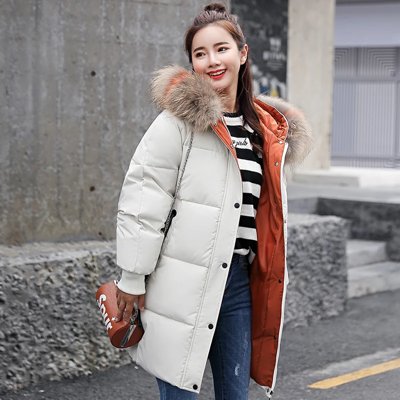 Пуховик женский зимний с капюшоном эластичное пальто контрастных цветов меховым