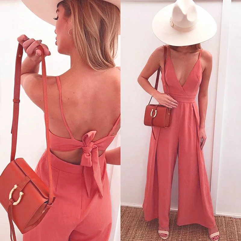 

Womens Jumpsuit Lady Rompers Flared Sexy V Neck Overalls Sleeveless Back Bowknot Playsuit female dungarees Pantsuit Black Pink
