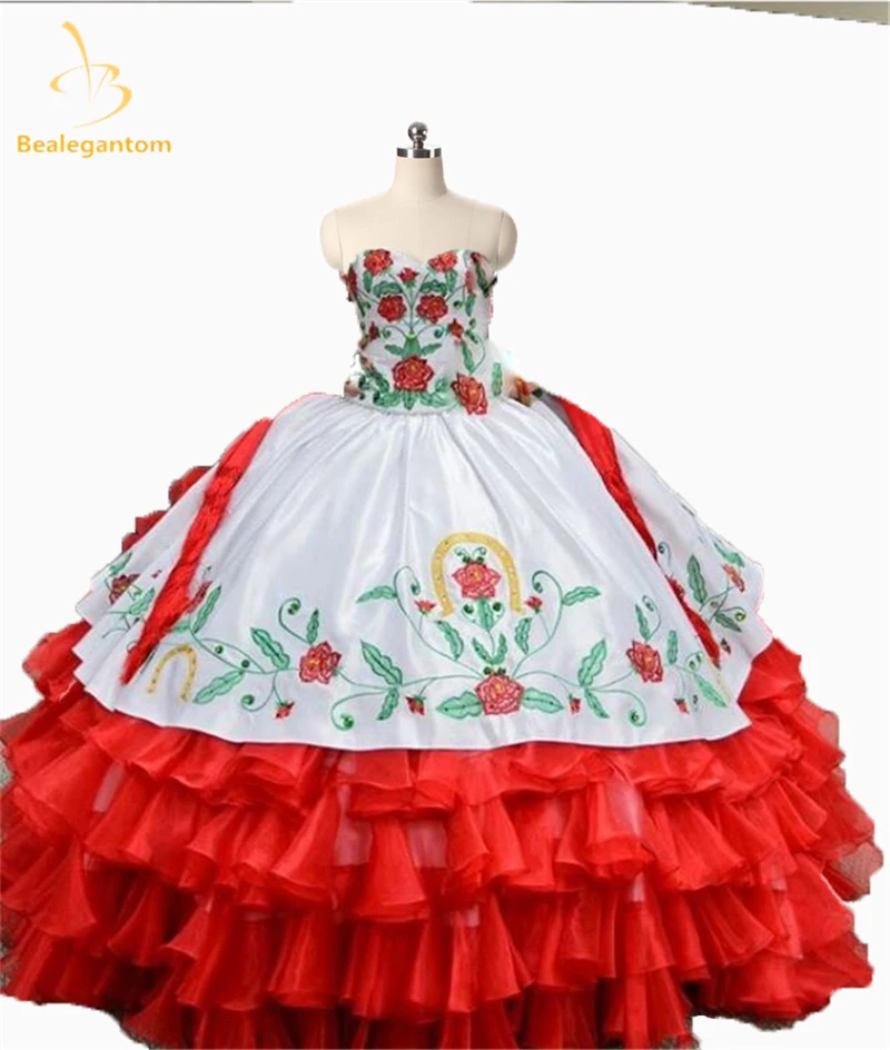 

New Elegant 2019 Red Embroidery Ball Gown Quinceanera Dresses Organza Long Birthday Gown Lace Up Sweet 16 Dresses QA1128