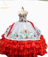 new elegant 2019 red embroidery ball gown quinceanera dresses organza long birthday gown lace up sweet 16 dresses qa1128