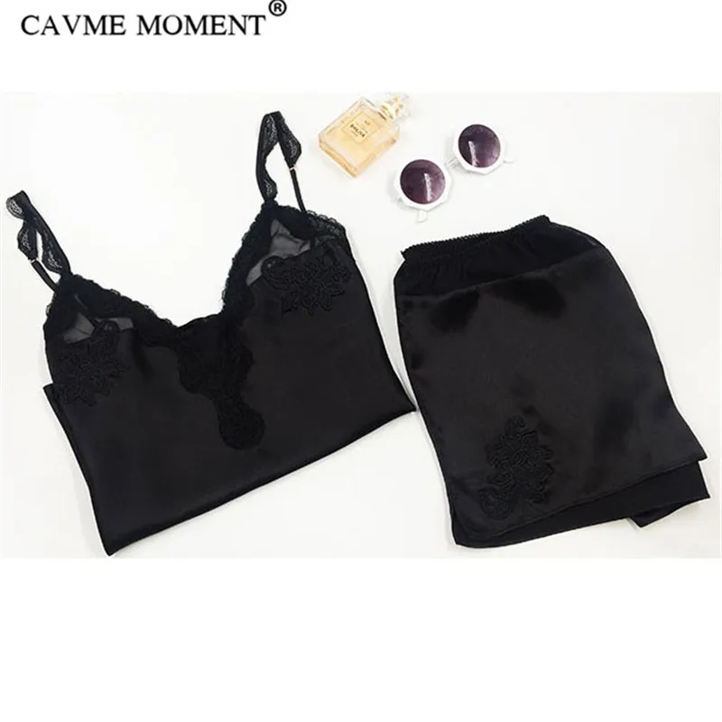 CAVME Luxury Silk Pajama Sets Women Ladies's Lace Spaghetti Strap Shorts Sleepwear Solid Color Black 2 Pieces Homewear for 135G