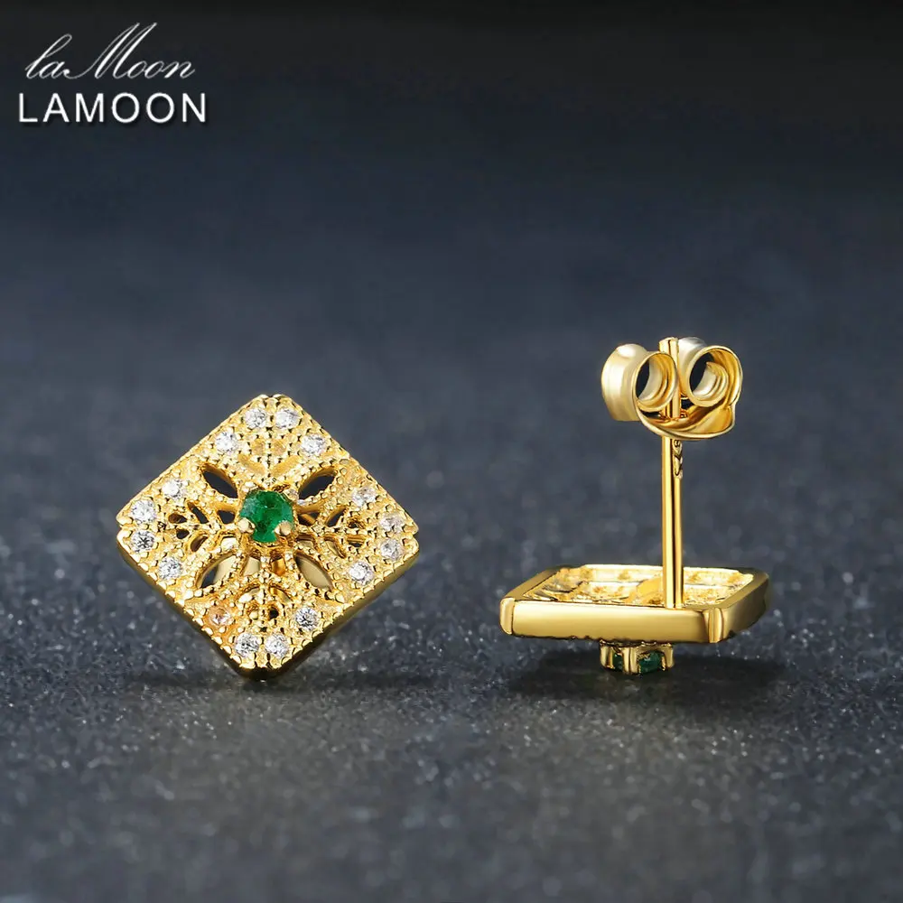 Ламода изысканные серьги гвоздики полые 0.06ct квадратный натуральный изумруд 925