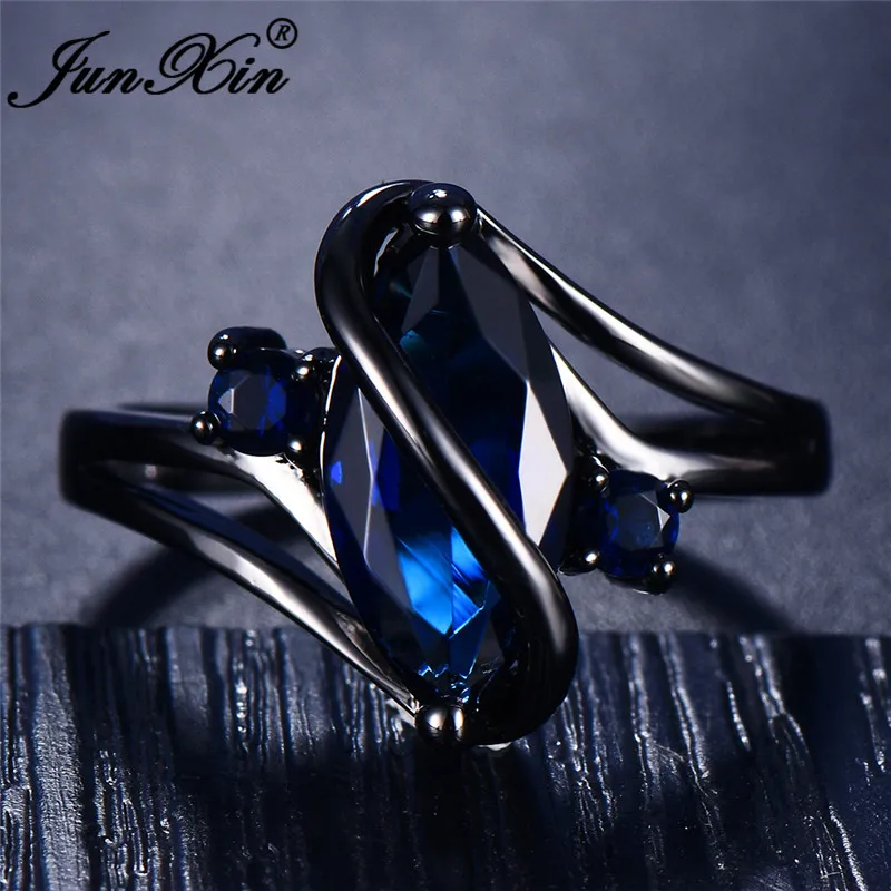JUNXIN Vintage Blue Stone S Shaped Wedding For Women Men Black Gold Filled Big Marquise Zircon Engagement Ring Band Jewelry | Украшения и