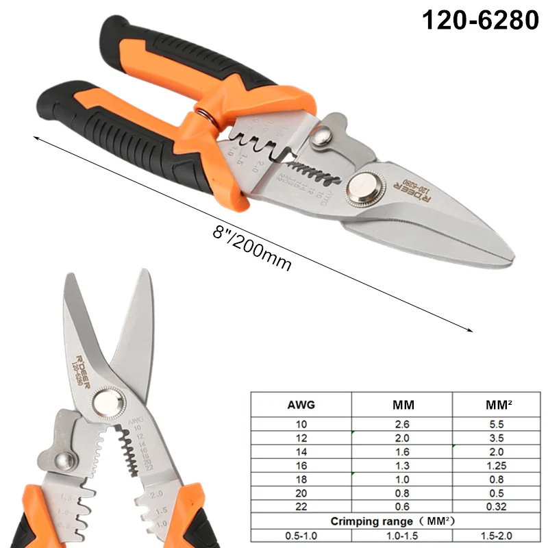 120-6280 RDEER " /8" обжимные плоскогубцы для зачистки проводов многофункциональные ножницы резак кабеля электрик многофункциональный инструмент - Цвет: 120-6280