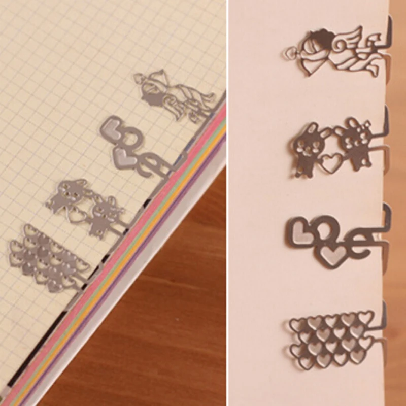 

100pcs/lot Mini Metal Bookmark Clips Cute Cartoon Animal Flower Cartoon Plated Sliver Bookmarks Stationery Gift Book Line Marker