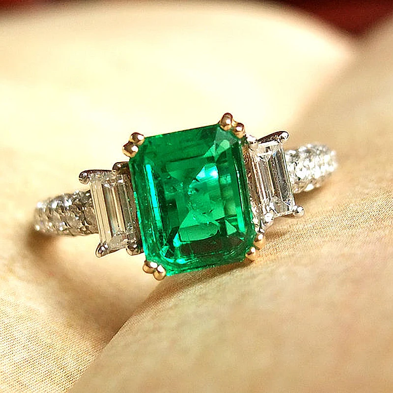 Colombian Solid 18K White Gold 0.7ctw Green Emerald Moissanite Ring Side Bagaguette Accent Luxury Fine Jewelry For Women | Украшения и