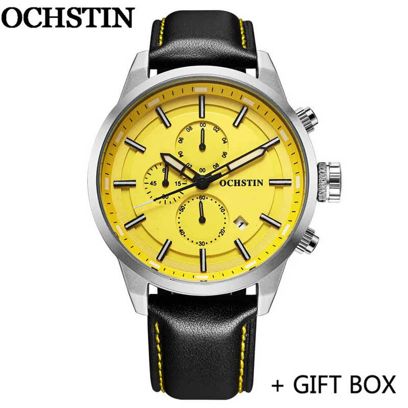 GQ049B04 with box OCHSTIN мужские наручные часы Топ люксовый бренд Хронограф Календарь из натуральной кожи мужские Кварцевые военные армейские часы спортивные мужские часы 049 - Цвет: GQ049B04 with box